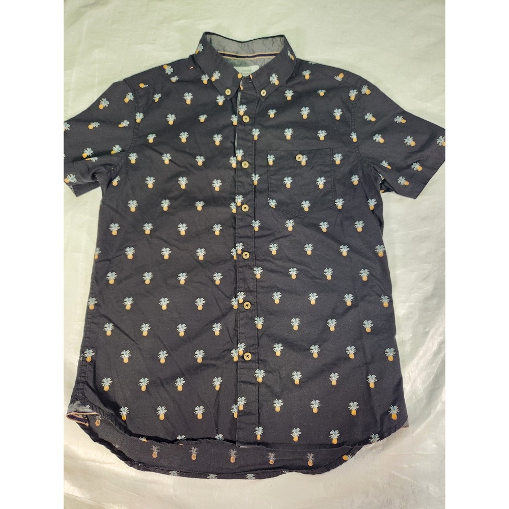 Sunrise Kingdom Mens Button Down Shirt S Small Palm Tree Pineapple Pattern Black